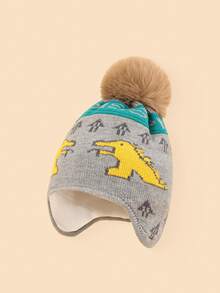 1 peça chapéu de bebê de malha com estampa de dinossauro e pompom, adorável e moderno, macio e confortável, quente para bebês de 1 a 2 anos no outono/inverno