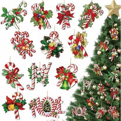 12 قطعة من زينة الحلوى الخشبية بشكل قصبة السكر وحلوى لولي بوب لشجرة عيد الميلاد، زينة معلقة بحبل للحلوى والنعناع، مجموعة زينة عيد الميلاد الخشبية الرجعية لديكور الشتاء وعيد الميلاد