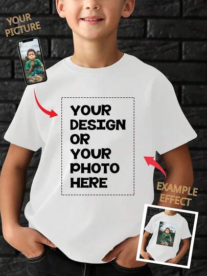 Customized With Your Photo Or Design, Creative Printed Pattern Kids Boy Sports Casual T-Shirt, Boys Children Active Short Sleeve Tops, Fast Shipping, 100% Cotton