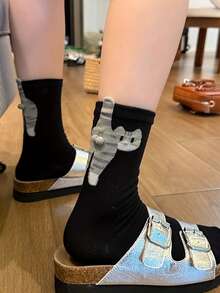 1/2 Pairs Comfortable Autumn/Winter Unisex Mid-Calf Socks, Novelty 3D Cat Egg Cute Funny Socks For Sports, Casual Wear, Basic Style - Multicolor - View 7