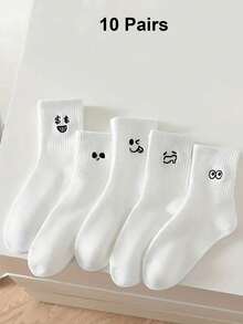5pairs/Set Men's & Women's White Funny Face Mid-Calf Socks Ins Couple Socks For Casual, Student, Autumn & Winter, Fall