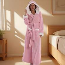 Bata de baño de franela para mujer, bata de dormir con cuello de chal grueso, bata con capucha esponjosa y cálida, bata con capucha de unicolor y mangas largas gruesas para pareja, otoño/invierno