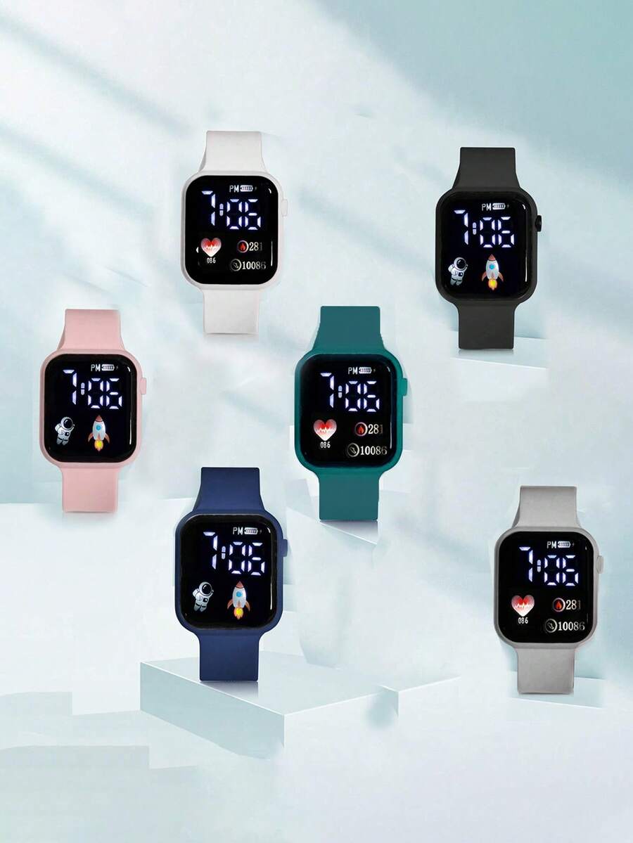 6pcs/Set Cute Heart & Rocket Cartoon Pattern Sports Digital LED Display Watch, Multiple Colors, For Daily Wear & Occasions - Multicolor - View 1