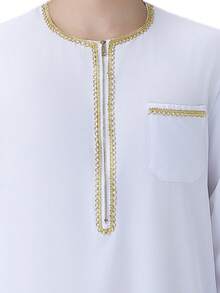 Vestido musulmán de hombre con borde dorado y color contrastante, túnica árabe de manga larga con bolsillo, cuello redondo, kaftan largo, ropa tradicional árabe y musulmana del Medio Oriente, túnica árabe, vestimenta casual musulmana, túnica musulmana de manga larga para hombre, vestido largo con cremallera y contraste, vestimenta casual