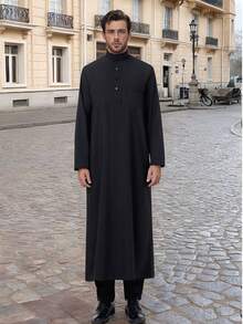 Túnica de oración musulmana de manga larga con cuello mao de unicolor clásico para hombres