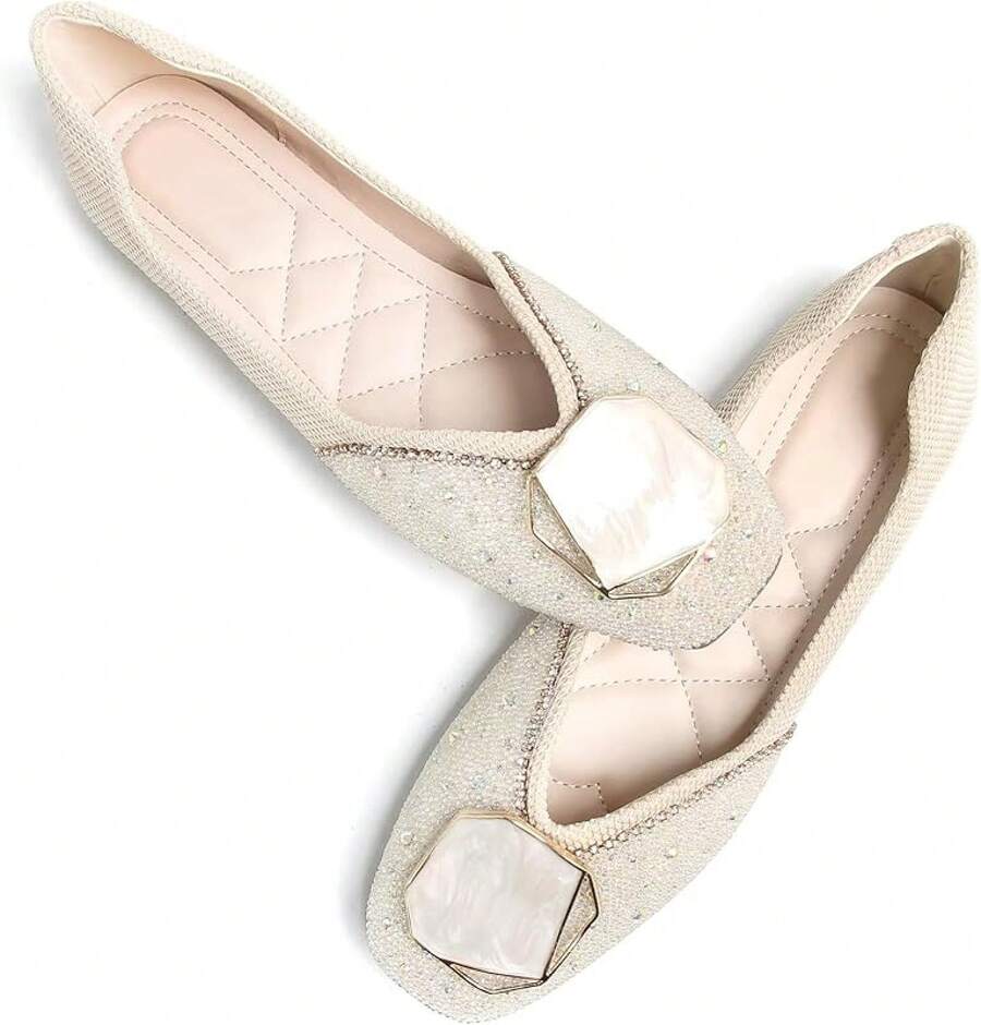 SAILING LU Square Toe Flats Shoes Rhinestoned Bowknots Ballet Flats For Women Studded Dress Shoes Comfort Light Weight LoafersChristmas - L-米色 - 查看 1