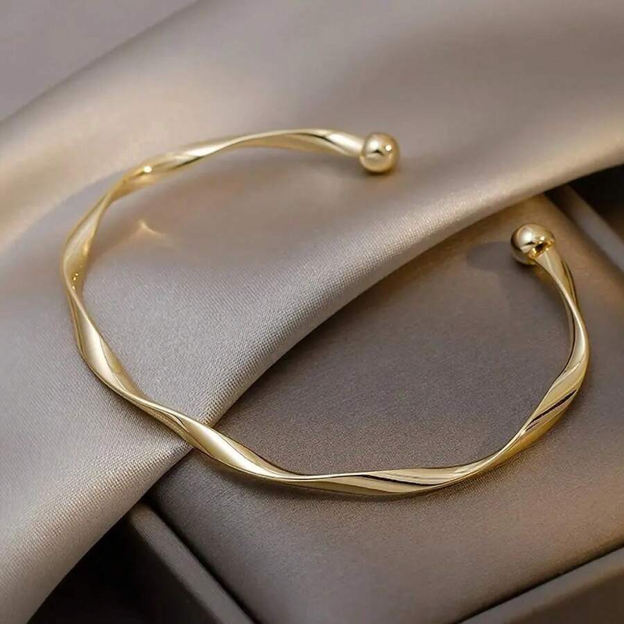 Elegant Simple Twist Open Cuff Bracelet Fashion Minimalist Style Adjustable Metal Bangle For Ladies Golden Silvery Choices Bracelet Charm Bracelet Bracelets For Women - 金色 - 查看 1