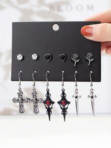 6 Pairs Gothic Cross, Sunflower, Pentagram, Crescent Moon, Raven, Pentagram, Skull Fashionable Earring Set