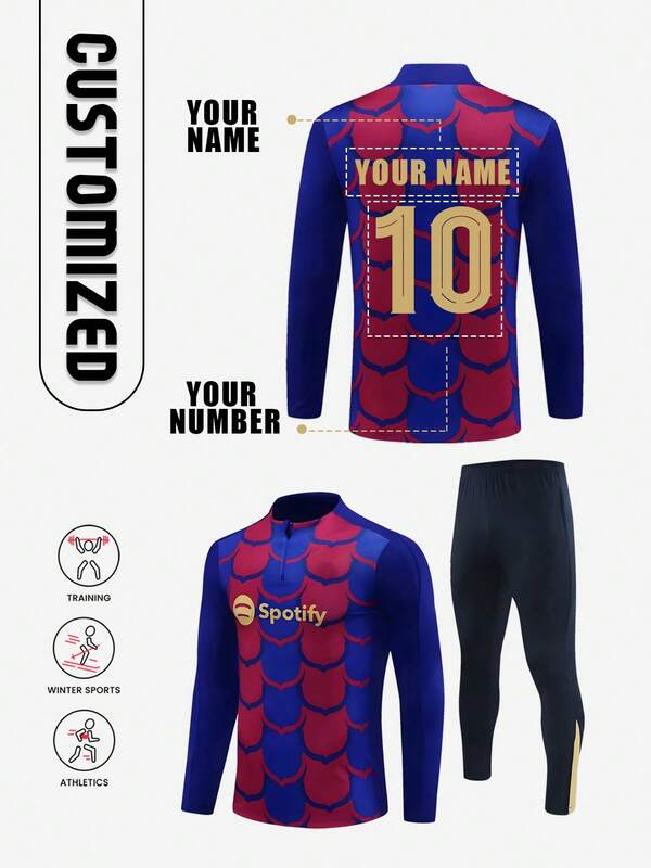 Spersonalizowany strój treningowy New Barcelona z nadrukiem numerycznym i imieniem, poliester i spandex, okrągły dekolt, zamek błyskawiczny, długi rękaw, zestaw top i spodnie, lekko elastyczny, unisex, odpowiedni na imprezy piłkarskie, weekendowy wypoczynek, bieganie, jogę, piesze wycieczki – odzież sportowa na jesień/zimę, odpowiednia na zajęcia na świeżym powietrzu, wielofunkcyjna, ozdobna, z literami, stylowa, nowoczesna, kolorowa, słodka, urocza, codzienna, niestandardowa, spersonalizowana, wyjątkowa, spersonalizowana, idealny prezent dla niego, idealny prezent dla niej, spersonalizowana odzież dla chłopców w wieku nastoletnim
