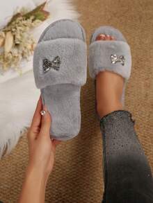 1 Pair Casual Plush Slippers For Teenage Girls, Bow Decor, Warm Thermal Lined, Non-Slip Flat Sole, Suitable For Autumn/Winter