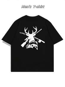 T-shirt grafica Deer Hunting Fishing, t-shirt da uomo con stampa retrò sul davanti, alla moda, casual, twist, in cotone 220 g/m2 (1 pezzo) - nero - Visualizzare 3