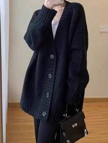 Chaqueta de punto de las mujeres chaqueta de tweed mujer otoño e invierno suelto perezoso viento delgado cardigan jumper versátil suéter de punto tops - Negro - Ver 4