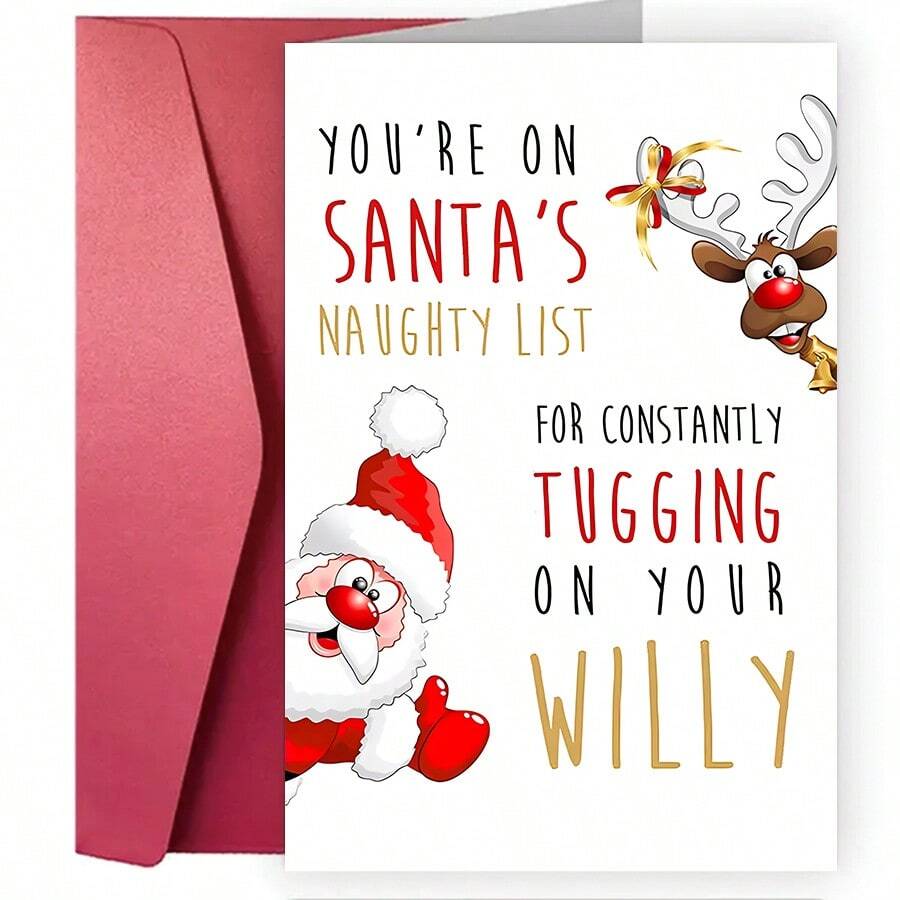 1pc Humorous Christmas Greeting Card, Santa & Reindeer Naughty List Design, Paper Holiday Card, With Envelope, For Friends, Family, Teachers, Students, Neighbors, Universal Recipient, Christmas & Special Occasions - Multicolor - View 1