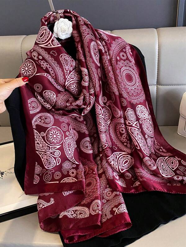 1 Peça Lenço de Moda Longo Estampado com Paisley Bordô para Mulheres, Cetim Sedoso Adequado para Xale, Lenço de Cabeça, Canga de Praia