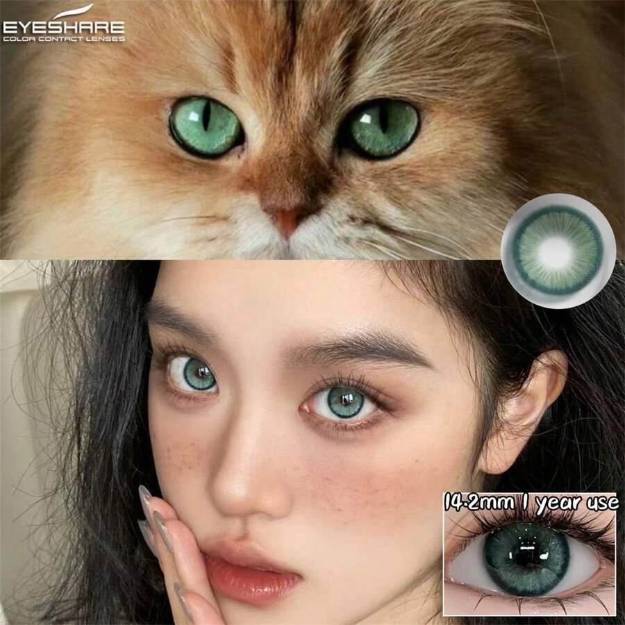 EYESHARE 1 Pair Colored Contact Lenses For Eyes Natural Brown Gray Colored Lens Contact For Blue Eyes Beauty Makeup Eye Lenses Yearly Use Green Beautiful Pupils, 14.2mm-No Power - 綠色 - 查看 1