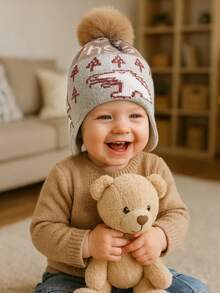 1 peça chapéu de bebê de malha com estampa de dinossauro e pompom, adorável e moderno, macio e confortável, quente para bebês de 1 a 2 anos no outono/inverno