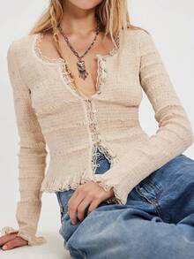 Women Boho Lace Trim Smocked Cardigan Deep V Ruffle Long Sleeve Crop Top Casual Fall Layered Wear - Khaki - View 2