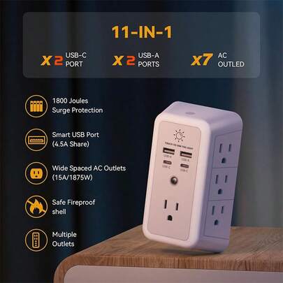 ZhiDa AK 11-In-1 Wall-Mounted Multi-Function Night Light Outlet Cover Charger [7 AC Outlet Extender] Surge Protection, 3-Sided Power Outlet Adapter With 4 USB Charging Ports (2 USB-C | 2 USB-A) For Home/Office/Dorm, White