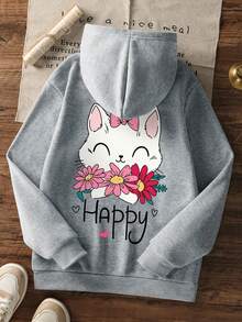 1pc Tween Girl Casual Printed Pullover Sweatshirt, Thermal Lined, Long Sleeve, Autumn/Winter Student Clothing - Light Grey - View 3