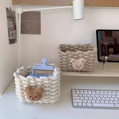 1 件可爱小熊小收纳装饰篮绳编织架子篮，用于小物品，可爱盒子整理，架子篮