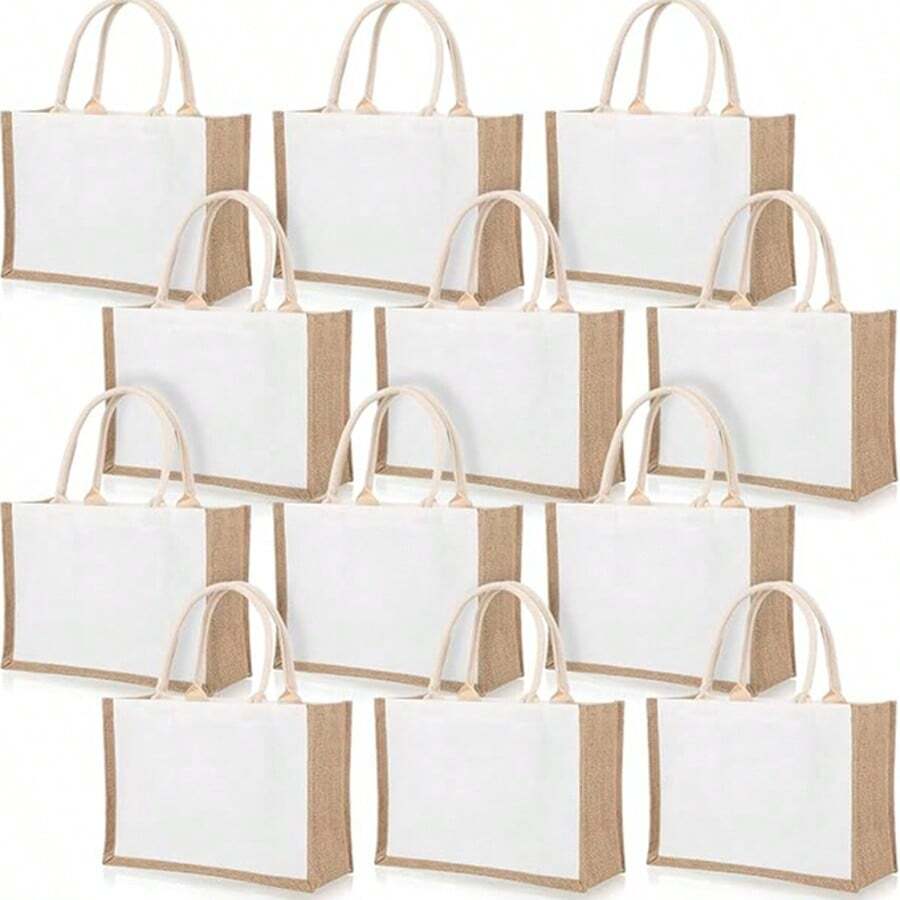 6/12 pezzi Borse a tracolla in iuta con manici - Borse della spesa riutilizzabili in iuta, tela bianca per progetti fai-da-te, regali di matrimonio, damigelle e shopping in spiaggia, 37*17*26cm/32*13*20cm, perfette per artigianato e organizzazione, forniture per confezioni regalo | Borsa a tracolla in iuta naturale | Materiale in iuta durevole, piccola borsa regalo - Bianco - Visualizzare 1
