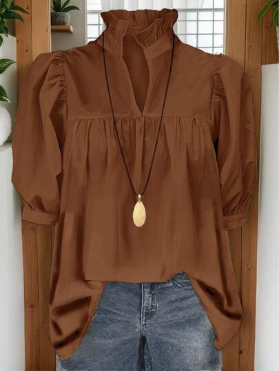 2025 年春夏秋季时尚新款衬衫，法式女式泡泡袖衬衫，返校，教师，70 年代，通勤，极简主义，办公室穿着，复古，简单，法式，春夏上衣老款风格，教师衬衫，女士休闲短袖纯色衬衫，适合外套