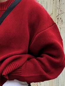 Men's Casual Loose Fit Crew Neck Pullover Sweater, Streetwear Style, Solid Color, Long Sleeve, Versatile, Suitable For Spring, Autumn, Winter - Đỏ - Xem 2