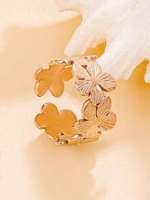 1pc Elegant Thick Metallic Flower Wide Band Stainless Steel Ring, Vacuum Plated 18K Gold For Women, Waterproof Jewelry Gift - Single Ring - View 10