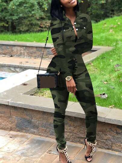 Autumn/Winter European & American Fashion Metal Button Cardigan, Camouflage Print Slim Fit Street Style Long Sleeve Jacket & Slim Fit Stretch Camo Print Pants Set