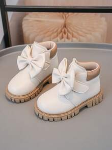 1 Pair Children's Fashionable New Lychee Texture PU Hook And Loop Design Bow Decor Non-Slip Soft Durable Chelsea Short Boots - Beige - View 18