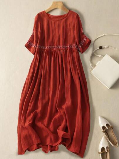 Women Vintage Loose Embroidered Maxi A-Line Dress, Retro Embroidered Dress For Spring/Summer, Boho Embroidered Long Dress Casual Everyday Wear, Elegant Embroidered Women's A-Line Dress, Holiday Women's Vintage Style Simple Daily Dress, Bohemian Vacation Embroidered Decor