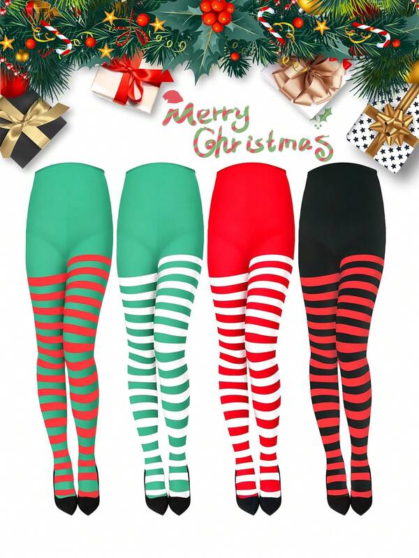 1pc Christmas Striped Tights For Women, Red/White, Black/Red, Slim Fit Leggings For Party, Cosplay, Autumn/Winter