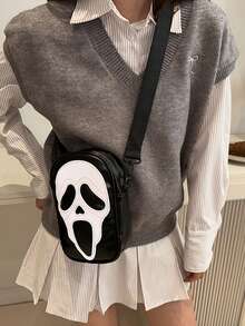 Halloween Ghost Face Print Ladies' Mobile Phone Wallet Laser Ladies' Shoulder Bag Crossbody Bag Ladies' Bag Skull Face Shopping Bag Suitable For Shopping And Taking Photos, Halloween Day Gift Mini Square Bag