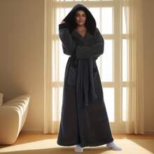 Bata de baño de franela para mujer, bata de dormir con cuello de chal grueso, bata con capucha esponjosa y cálida, bata con capucha de unicolor y mangas largas gruesas para pareja, otoño/invierno