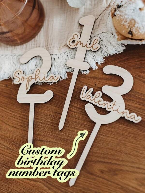 Personalized Wooden Birthday Number Tags With Custom Text And Names, In An Elegant Cursive Style. Perfect For Birthday, Anniversary, Wedding, Christmas And Halloween Cake Decorations - An Ideal Gift For Parties. Versatile Wooden Decorations.