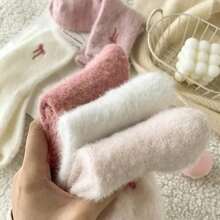 5 Pairs Of Women's Plush Bow Mid-Calf Socks Winter Fleece-Lined Thick Warm Sleep Socks Pink Set