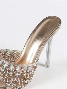 女士高跟鞋，圆头，透明鞋跟，舒适奢华，镶嵌闪亮水钻，适合派对、聚会、舞会等场合，时尚女士凉鞋，春夏装扮 - 香檳色 - 查看 7