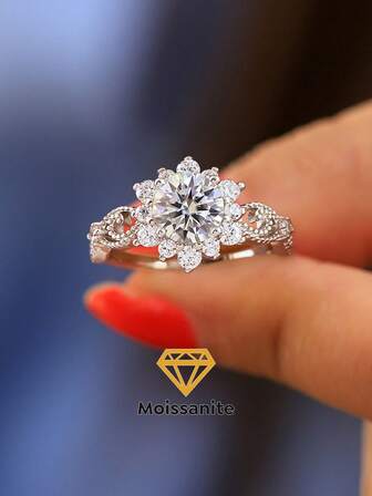 1 件雪花戒指 1 克拉莫桑石钻石结婚戒指女款 S925 纯银戒指，适合订婚、约会、妻子礼物、新娘精美珠宝