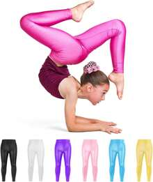 Kids Girls Dance Pants Gymnastic Shiny Metallic Dance Leggings Skinny For Performances Costume - Hồng - Xem 7