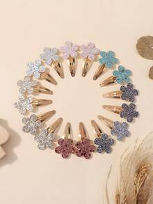 16 件花形闪光发夹，清新花卉设计女孩发饰，马尾辫发夹