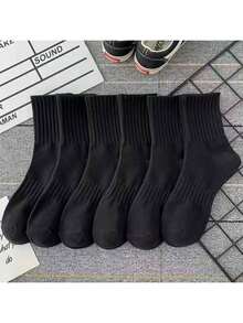 6 Pares de calcetines elásticos de media pantorrilla negros para mujeres con diseño de cintura unida - Negro - Ver 6