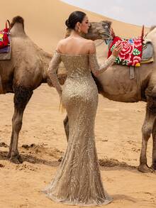 Faeriesty Glamour Luxe Mermaid Evening Gown With Sequin & Bead Embellishments, Open Shoulder Design & Floral Shoulder Accents – Fish-Tail Silhouette For Weddings, Red-Carpet Events, Evening Galas & Award Ceremonies New Year Outfit - Champagne - View 2