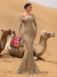 Faeriesty Glamour Luxe Mermaid Evening Gown With Sequin & Bead Embellishments, Open Shoulder Design & Floral Shoulder Accents – Fish-Tail Silhouette For Weddings, Red-Carpet Events, Evening Galas & Award Ceremonies New Year Outfit - Champagne - View 4