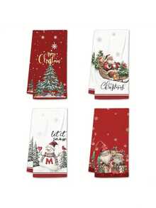2/4 szt. świątecznych ściereczek kuchennych, w kolorze czerwonym z motywem płatków śniegu i choinki, ze Świętym Mikołajem, choinką, bałwanem, Świętym Mikołajem i płatkami śniegu, miękkie poliestrowe ściereczki do gotowania, pieczenia i sprzątania kuchni i łazienki. Specjalne ściereczki. - Wielokolorowe - Zobacz 1