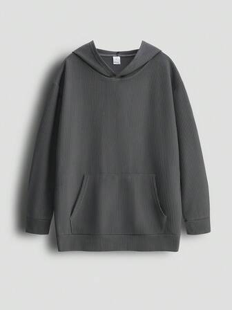 青少年炭灰色连帽口袋卫衣，青少年时尚设计，柔软舒适，适合春秋季穿着。