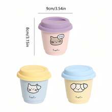 1 pieza Taza de cerámica para café, té o agua, con tapa de silicona antipolvo, hecha a mano con diseño de dibujos animados, resistente a altas temperaturas, de colores brillantes, agarre cómodo, boca ancha, borde redondo, base antideslizante, adecuada para decoración de encaje, para uso doméstico u oficina, apta para uso personal o como regalo