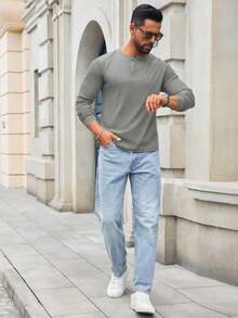 Men's Lightweight Waffle Henley Long Sleeve Shirt Casual Button Down Basic Top For Everyday Wear