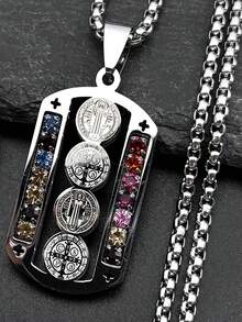 1 pieza Collar de acero inoxidable con cruz católica clásica de Jesús, colgante de cristal de San Benito y Virgen María, crucifijo, joyería para hombre, Cruz - collar de acero inoxidable - Ver 2
