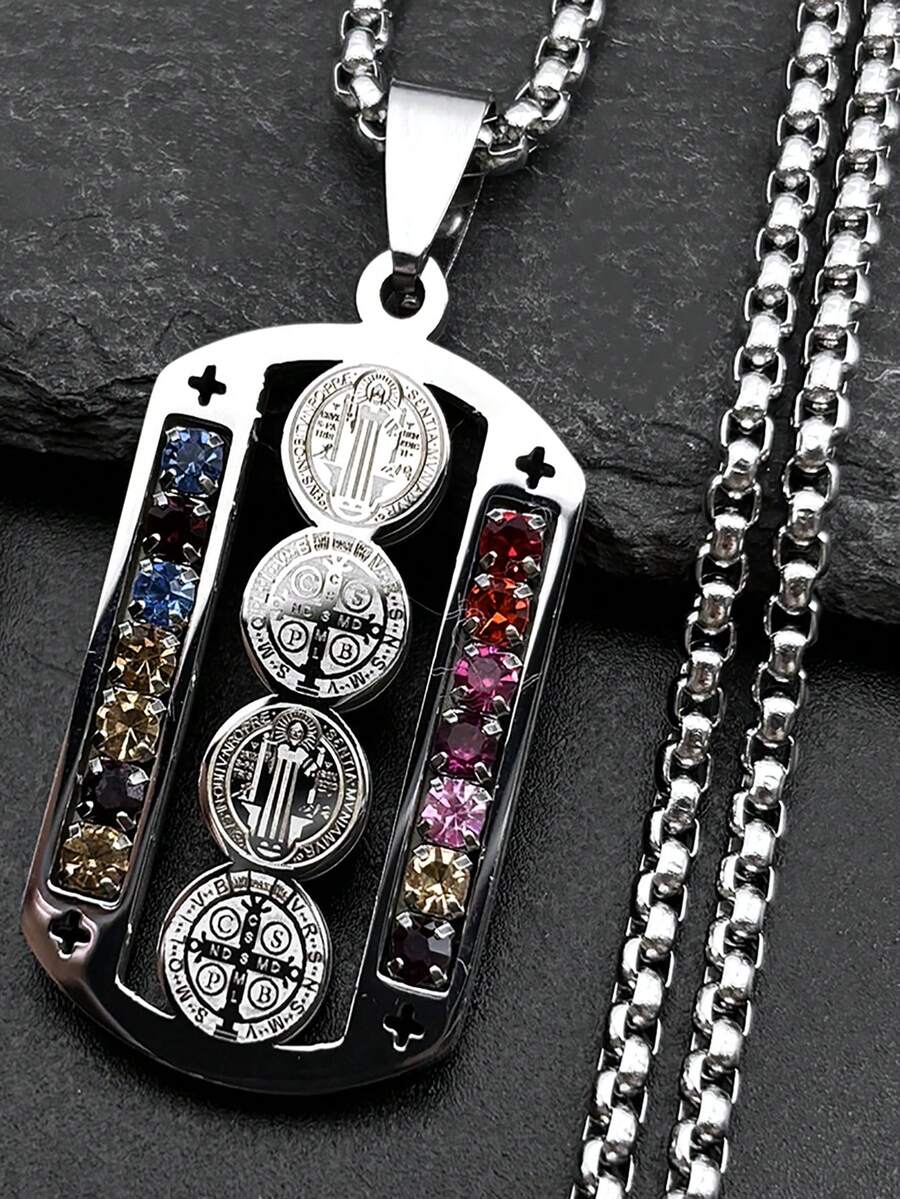1 pieza Collar de acero inoxidable con cruz católica clásica de Jesús, colgante de cristal de San Benito y Virgen María, crucifijo, joyería para hombre, Cruz