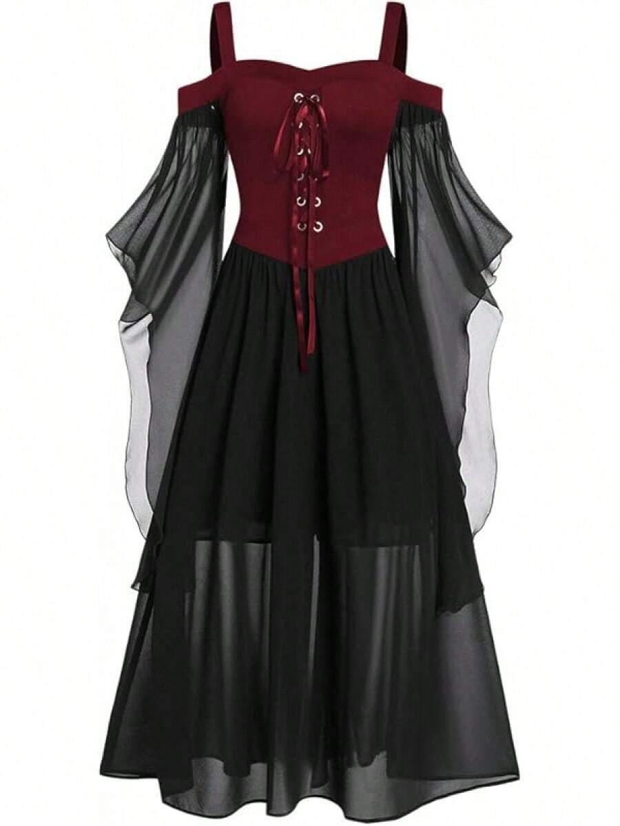 Women's Plus Size Off-The-Shoulder Butterfly Sleeve Gothic Retro Halloween Dress, Bohemian Style Boutique Plus Size - Đỏ gạch - Xem 1